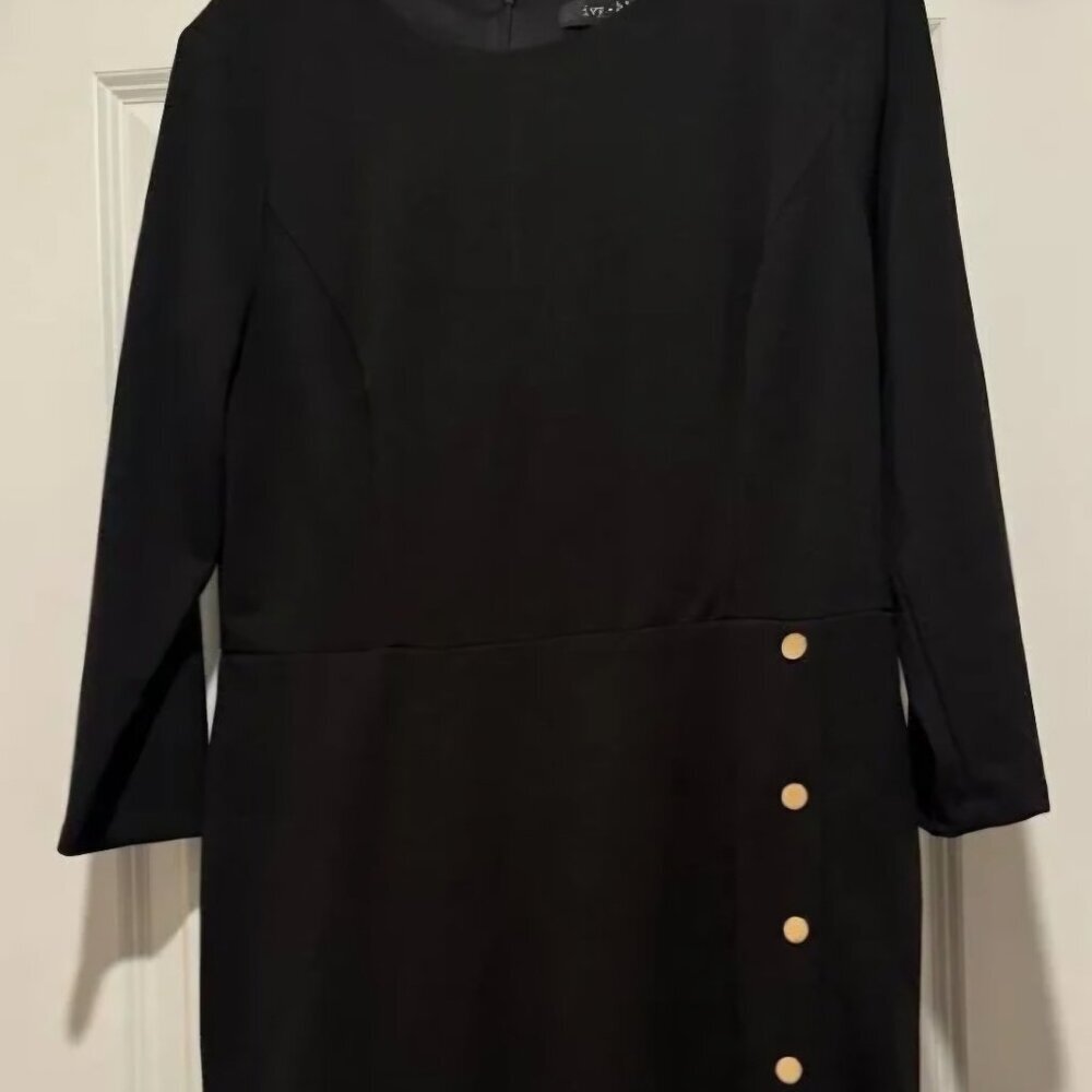 Ivy& Blue Classy  Special Occasion Black Sheath Workwear dress gold button 18